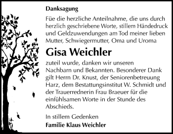 Traueranzeige von Gisa Weichler von Mitteldeutsche Zeitung Quedlinburg