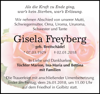Traueranzeige von Gisela Freyberg von Super Sonntag Bernburg