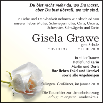 Traueranzeige von Gisela Grawe von Mitteldeutsche Zeitung