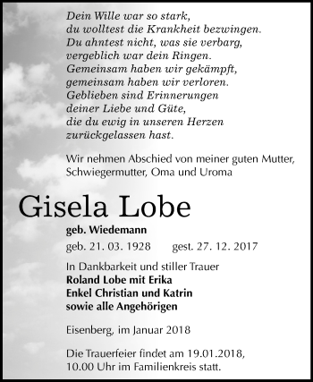 Traueranzeige von Gisela Lobe von Mitteldeutsche Zeitung Merseburg/Querfurt