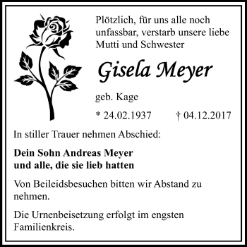 Traueranzeige von Gisela Meyer von Mitteldeutsche Zeitung Bitterfeld