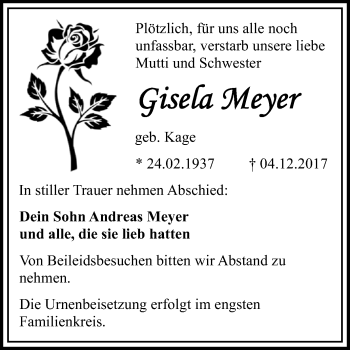 Traueranzeige von Gisela Meyer von WVG - Wochenspiegel Bitterfeld