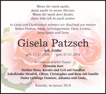 Traueranzeige von Gisela Patzsch von WVG - Wochenspiegel Merseburg
