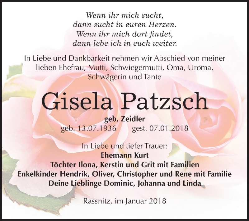  Traueranzeige für Gisela Patzsch vom 17.01.2018 aus Mitteldeutsche Zeitung Merseburg/Querfurt
