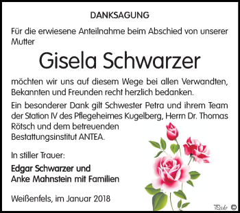 Traueranzeige von Gisela Schwarzer von Mitteldeutsche Zeitung Weißenfels