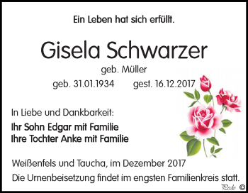 Traueranzeige von Gisela Schwarzer von WVG - Wochenspiegel NMB / WSF / ZTZ