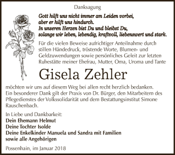 Traueranzeige von Gisela Zehler von WVG - Wochenspiegel NMB / WSF / ZTZ