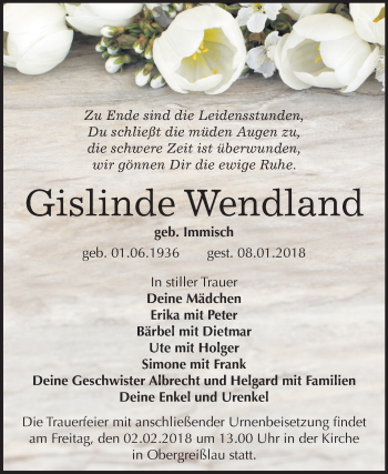 Traueranzeige von Gislinde Wendland von Mitteldeutsche Zeitung Weißenfels