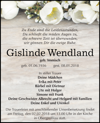 Traueranzeige von Gislinde Wendland von WVG - Wochenspiegel NMB / WSF / ZTZ