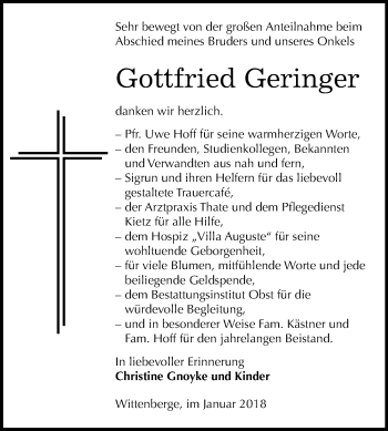 Traueranzeige von Gottfried Geringer von Mitteldeutsche Zeitung Weißenfels
