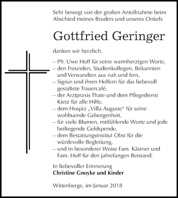 Traueranzeige von Gottfried Geringer von WVG - Wochenspiegel NMB / WSF / ZTZ