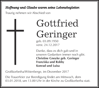 Traueranzeige von Gottfried Geringer von Super Sonntag Merseburg