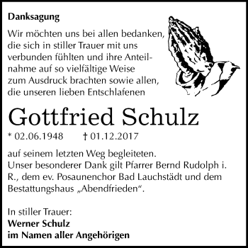 Traueranzeige von Gottfried Schulz von WVG - Wochenspiegel Merseburg