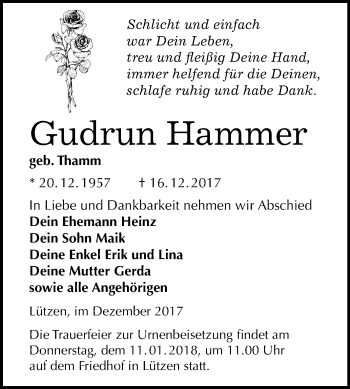 Traueranzeige von Gudrun Hammer von Mitteldeutsche Zeitung Weißenfels