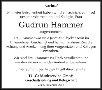 Traueranzeige von Gudrun Hammer von Mitteldeutsche Zeitung