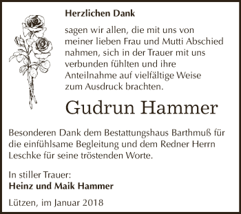 Traueranzeige von Gudrun Hammer von WVG - Wochenspiegel NMB / WSF / ZTZ