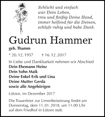 Traueranzeige von Gudrun Hammer von WVG - Wochenspiegel NMB / WSF / ZTZ