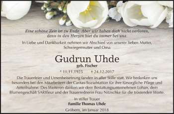 Traueranzeige von Gudrun Uhde von Mitteldeutsche Zeitung Bitterfeld