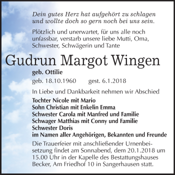 Traueranzeige von Gudrun Margot Wingen von Mitteldeutsche Zeitung