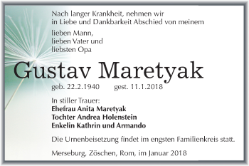 Traueranzeige von Gustav Maretyak von Mitteldeutsche Zeitung