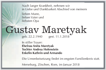 Traueranzeige von Gustav Maretyak von WVG - Wochenspiegel Merseburg