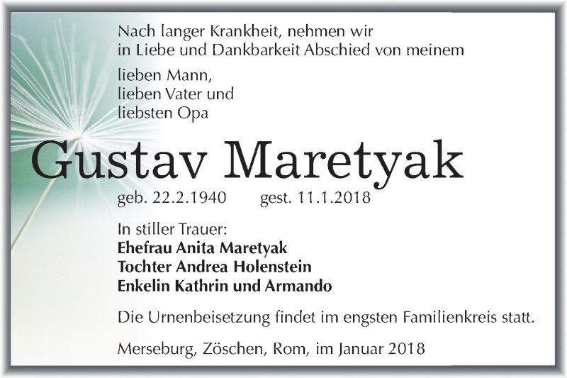  Traueranzeige für Gustav Maretyak vom 20.01.2018 aus Mitteldeutsche Zeitung