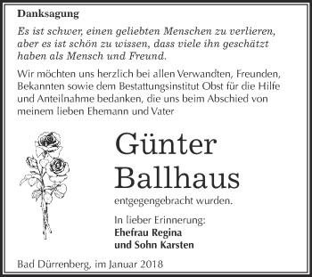 Traueranzeige von Günter Ballhaus von Super Sonntag Merseburg