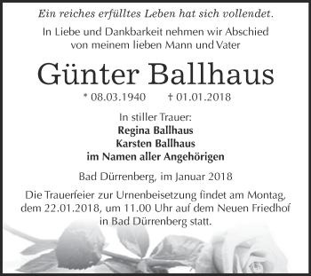 Traueranzeige von Günter Ballhaus von Super Sonntag Merseburg