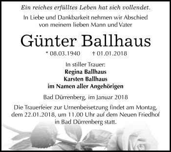 Traueranzeige von Günter Ballhaus von Mitteldeutsche Zeitung Merseburg/Querfurt