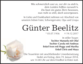 Traueranzeige von Günter Beelitz von WVG - Wochenspiegel Wittenberg