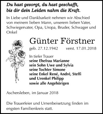 Traueranzeige von Günter Förstner von Mitteldeutsche Zeitung Aschersleben