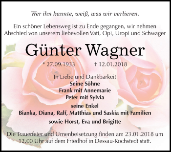 Traueranzeige von Günter Wagner von WVG - Wochenspiegel Dessau / Köthen