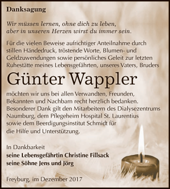 Traueranzeige von Günter Wappler von WVG - Wochenspiegel NMB / WSF / ZTZ