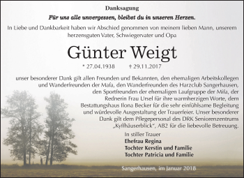 Traueranzeige von Günter Weigt von Mitteldeutsche Zeitung Sangerhausen
