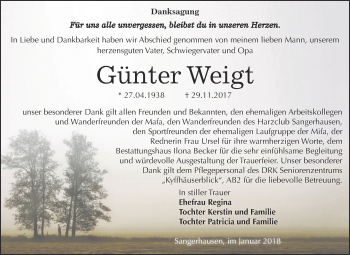 Traueranzeige von Günter Weigt von Super Sonntag SGH Mansf. Land