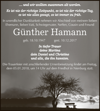 Traueranzeige von Günther Hamann von Super Sonntag Bernburg