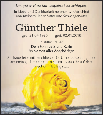 Traueranzeige von Günther Thiele von WVG - Wochenspiegel Wittenberg