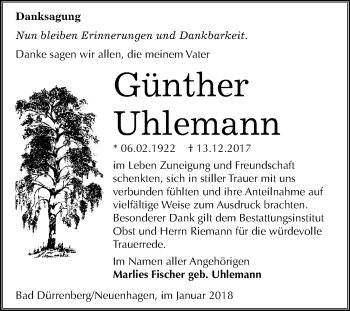 Traueranzeige von Günther Uhlemann von Mitteldeutsche Zeitung Merseburg/Querfurt