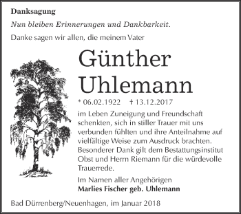 Traueranzeige von Günther Uhlemann von Super Sonntag Merseburg