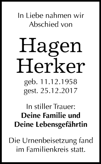 Traueranzeige von Hagen Herker von Mitteldeutsche Zeitung Halle/Saalkreis