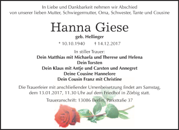 Traueranzeige von Hanna Giese von WVG - Wochenspiegel Bitterfeld