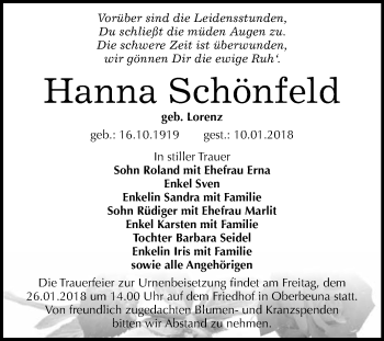 Traueranzeige von Hanna Schönfeld von WVG - Wochenspiegel Merseburg