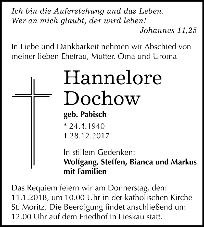  Traueranzeige für Hannelore Dochow vom 03.01.2018 aus Mitteldeutsche Zeitung Halle/Saalkreis