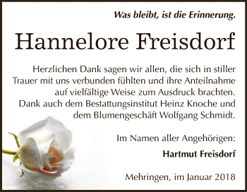Traueranzeige von Hannelore Freisdorf von Super Sonntag Aschersleben