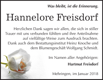 Traueranzeige von Hannelore Freisdorf von Mitteldeutsche Zeitung Aschersleben