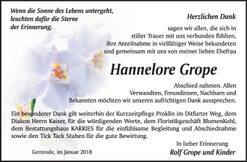 Traueranzeige von Hannelore Grope von WVG - Wochenspiegel Quedlinburg