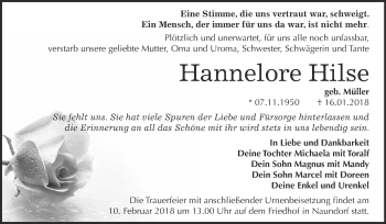 Traueranzeige von Hannelore Hilse von WVG - Wochenspiegel Wittenberg