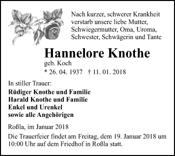 Traueranzeige von Hannelore Knothe von Mitteldeutsche Zeitung Sangerhausen