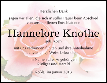 Traueranzeige von Hannelore Knothe von Super Sonntag SGH Mansf. Land