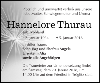 Traueranzeige von Hannelore Thurau von Super Sonntag Zeitz